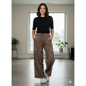 She + Sky Leopard Print Wide Leg Pants Brown Animal Print Drawstring Small NEW
